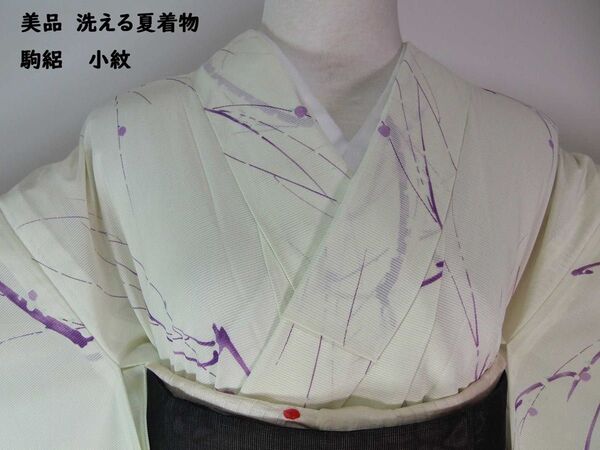 ほぼ美品 洗える夏着物 駒絽 小紋 草木文様 手縫い 薄いクリーム色