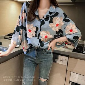 花柄 半袖 シャツ zara風 大きいサイズ 体型カバー 韓国 万能 モード系 ヴィンテージモチーフ 柄シャツ