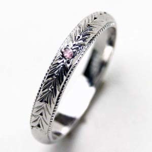 プラチナサファイヤリング　/手彫り/オリーブ/刻印、送料無料／結婚指輪／マリッジリング／彫金リング