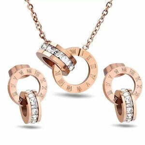 18k pink gold . gold CZ diamond Rome figure ring choker / earrings 