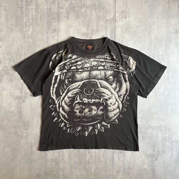 【90s vintage】Tシャツ ブルドック フェード ボックスシルエット スミ黒 短丈 古着