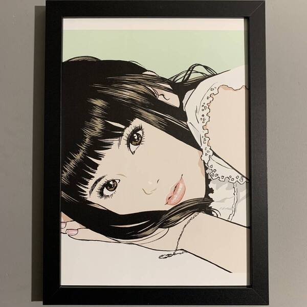 ■江口寿史■見つめる彼女/B5額装品/美女/黒髪/貴重イラスト/美人画/インテリア G283