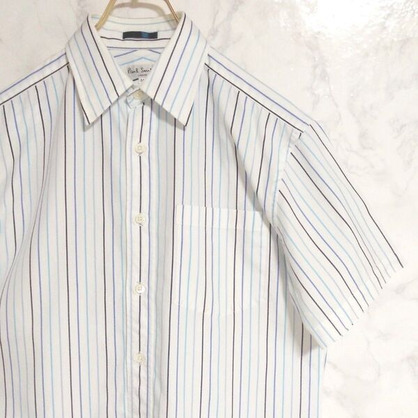 【美品】半袖シャツ Paul Smith ポールスミス ストライプシャツ Mサイズ ホワイト×ブルー メンズ 古着 日本製
