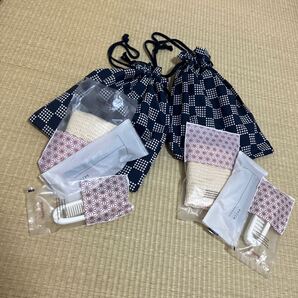 未使用 アメニティ ホテル 高級旅館 ネイビー 和柄 巾着 ポー内側防水 ボディタオル ヘアブラシ カミソリ 旅行セット 2セット