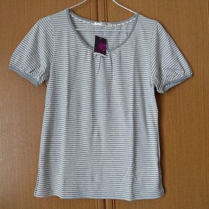 パフスリーブボーダーTシャツ グレー ボーダーカットソー 半袖Tシャツ アースミュージックエコロジー 半袖トップス