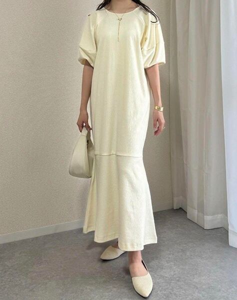 新品 しまむら koko コラボ ランタン袖ワンピース L 白 ホワイト ゆったり
