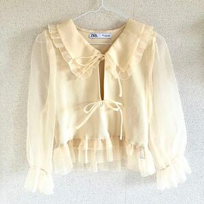 Zara 夏用 トップス 透け感 大人ガーリー イエロー Sサイズ ブラウス