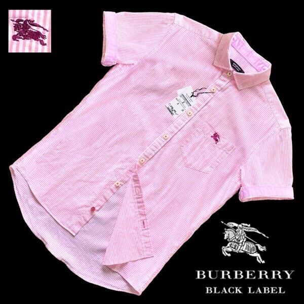 希少 新品 清涼 バーバリーブラックレーベル BIGホース刺繍 ストライプ リネン混 2WAY ロールアップ 半袖 シャツ 2/M BURBERRY BLACK LABEL