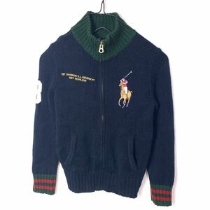 ■KIDS Polo by Ralph Lauren ラルフローレン ビッグポニー ナンバリング ジップアップ コットンニット ジャケット/古着アメカジネイビー■