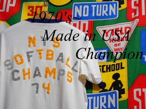 ★かわいいフェルトプリントが◎な1枚★Made in USA製アメリカ製ChampionチャンピオンビンテージネイビーリンガーTシャツ70s70年代バータグ