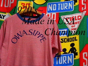 ★かわいいカラーが◎な1枚★Made in USA製アメリカ製Championチャンピオンビンテージボーダー染み込みプリントTシャツ70s70年代バータグM