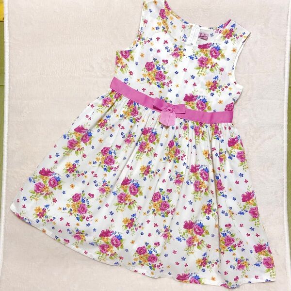 美品★マザウェイズ 花柄ワンピース ピンクリボン 140 綿100%