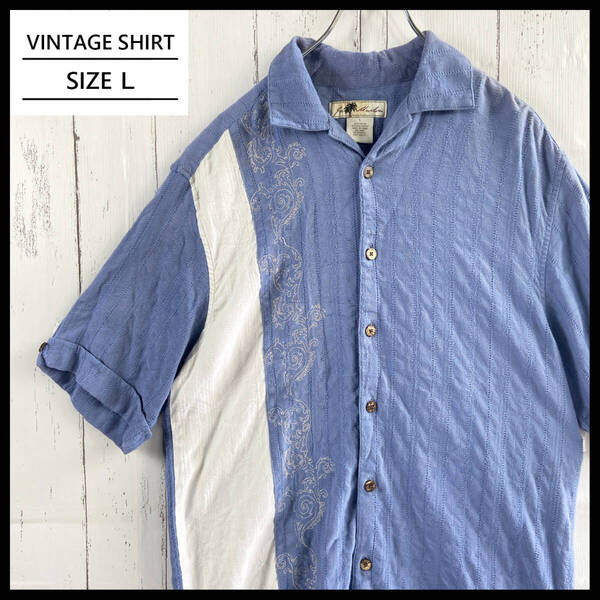 【USED】 Cuba shirt キューバ シャツ メキシカンシャツ パナマシャツ 刺繍ライン 開襟シャツ 半袖 古着 ブルー ( Lサイズ )