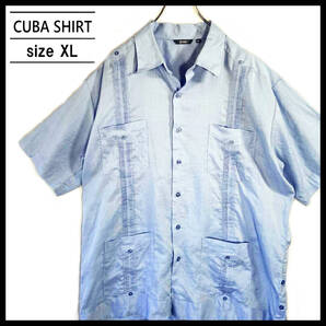 【USED】 CUBA SHIRT 半袖 キューバ シャツ メキシカン パナマ リネンシャツ チカーノファッション 古着 XL ライトブルー ☆送料無料☆