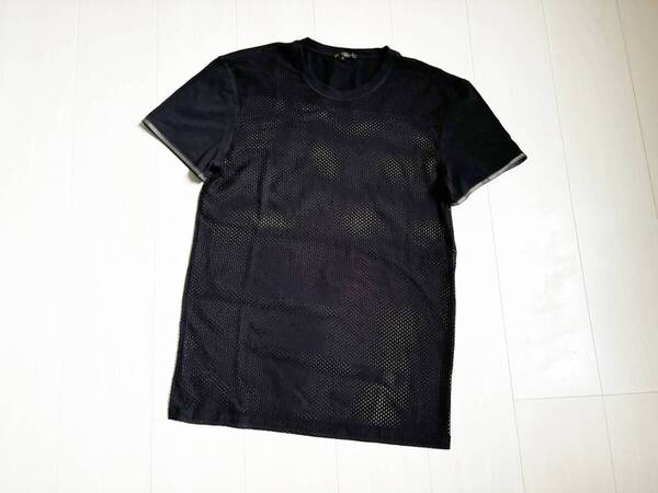 美品 VERSACE ヴェルサーチ Tシャツ カットソー 切替 メッシュ グレカ模様 ストレッチ 5 半袖 黒 ブラック mesh t-shirt Greca pattern △7