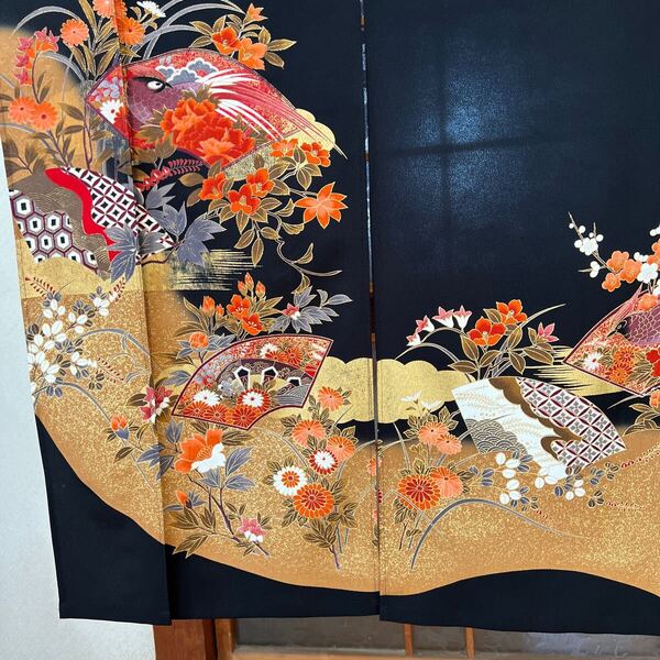 黒留袖 横124. 丈127-リメイク作品~のれん~暖簾、アンティーク、鳳凰!