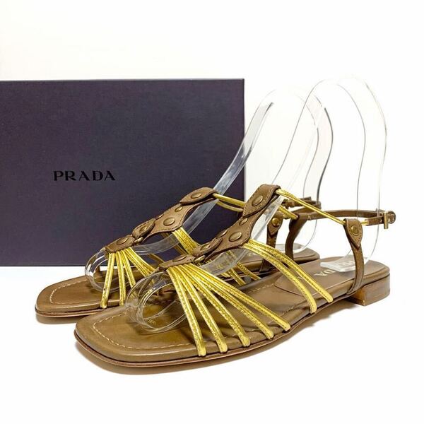 ☆未使用 プラダ PRADA レザー ストラップ フラット サンダル ブラウン×ゴールド size 36 イタリア製