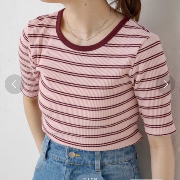 ボーダーリンガーチビTシャツ ピンク 半袖 Uネック カスタネ Kastane mystic INGNI ローリーズファーム