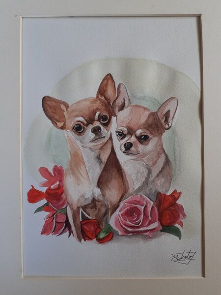 水彩画 仲良しチワワ