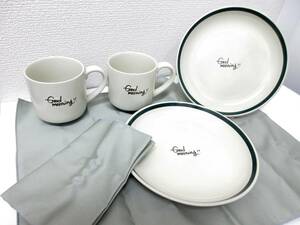 極美品■たち吉 モーニングペアセット マグカップ プレート ランチョンマット ２客揃 Good morning 緑 管理1907 L-4