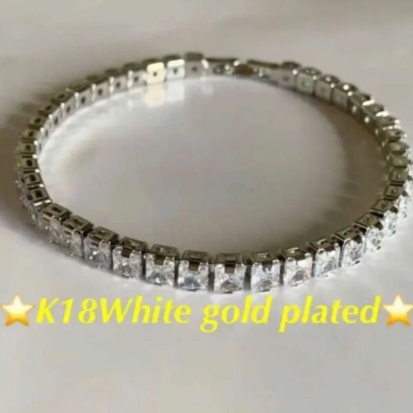 AAAプリンセスカット キュービックジルコニアテニスブレスレットK18ホワイトゴールドコーティング