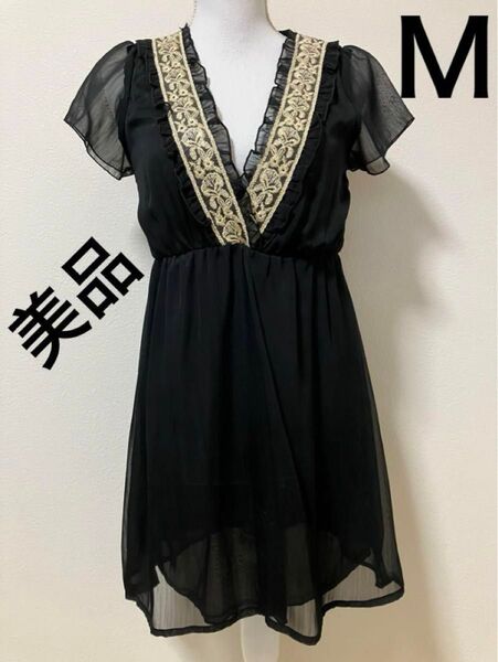 美品 カシュクール ミニワンピース チュニック 刺繍 フリル シースルー パーティー ドレス M