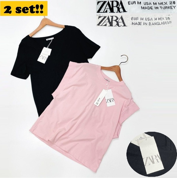 2セット /M/ ZARA ピンク ブラック 半袖Tシャツ ノースリーブ レディース タグ トップス 大人可愛い デイリー コットン 春夏 ザラ