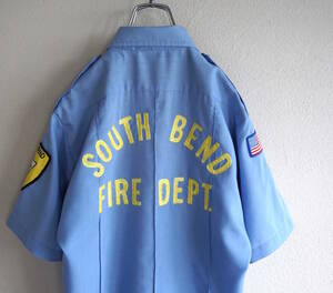 1970s Vintage SOUTH BEND FIRE DEPT. chain stitch star article flag badge S/S shirt S light blue fire fighting .USA America old clothes 