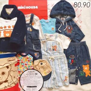 # postage included # prompt decision [12 point set ]80 90 Miki House Denim Parker overall long sleeve short sleeves T-shirt pants coat outer set sale 