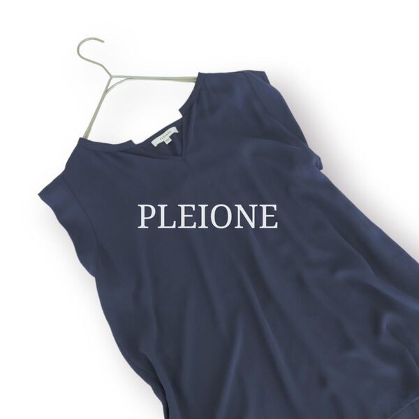 PLEIONE バックプリーツ シフォン ブラウス★フレンチスリーブ キレイめ ネイビー 紺 とろみ サラサラ ロング シャツ
