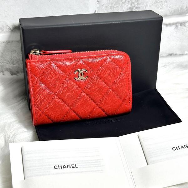 新品 CHANEL コインケース マトラッセ キーリング キャビアスキン 赤 シャネル L字ジップ ファスナー レッド