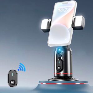 自動顔追跡三脚 360°回転スマートカメラスタンド LEDライト アプリ不要 ジェスチャーコントロール 取り外し可能なリモコン付き