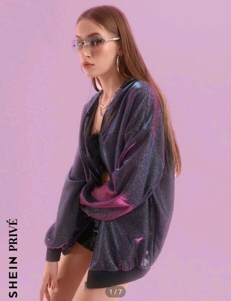 SHEIN EZwear ドロップショルダー ジッパーアップ メタリック パーカー