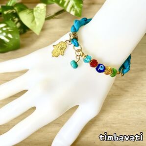 ☆新品☆ナザールボンジュウ ハムサ ブレスレット * ブルー * ダイヤカットビーズ