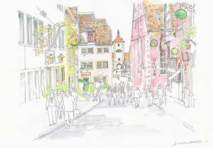 Art hand Auction Europäisches Stadtbild, Gasse in Rothenburg, Deutschland, F4 Zeichenpapier, Aquarell, Originalgemälde, Malerei, Aquarell, Natur, Landschaftsmalerei