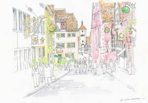 Art hand Auction Paysage urbain européen / Ruelle de Rothenburg, Allemagne / Papier à dessin F4 / Aquarelle / Peinture originale, peinture, aquarelle, Nature, Peinture de paysage