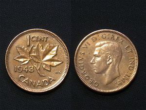 【カナダ】 1セント 1943年 CENT ブロンズ　銅貨　ジョージ6世　第二次世界大戦戦時下