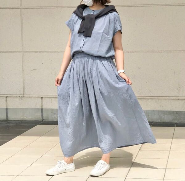 試着のみ 無印良品 強撚 フレンチスリーブブラウス ロングスカート ライトブルー セット
