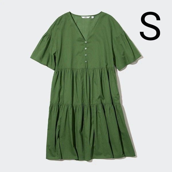 ユニクロ【UNIQLO】コットンティアードミニワンピース (半袖)グリーンS