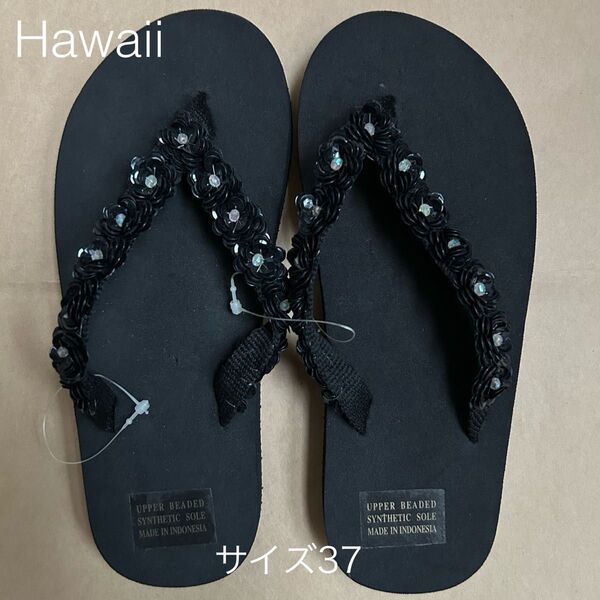 Hawaii ハワイ ノードストローム ビジュー ピーチサンダル サイズ37 新品 ブラック フラワー ラインストーン