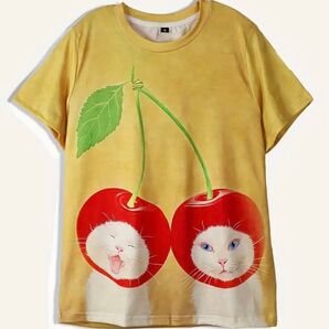 さくらんぼになった子猫 猫柄 半袖Tシャツ レモンイエロー Lサイズ
