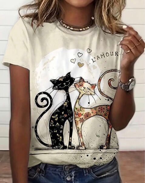 猫柄 半袖Tシャツ カップル猫ちゃん Mサイズ