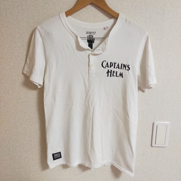 CAPTAINS HELM キャプテンズヘルム USA MADE HENLEY TEE CALIF ヘンリーネック ロゴデザイン 半袖Tシャツ 両面ロゴ 36(S) ホワイト(白)
