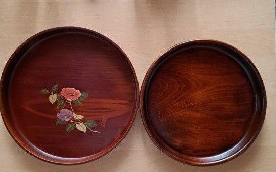 箱付き 新品 おぼん トレイ お茶 花柄 レトロ 木目 茶色 ブラウン 椿 和風 丸盆 トレー 飛騨春慶塗 菓子盆 お盆 木製