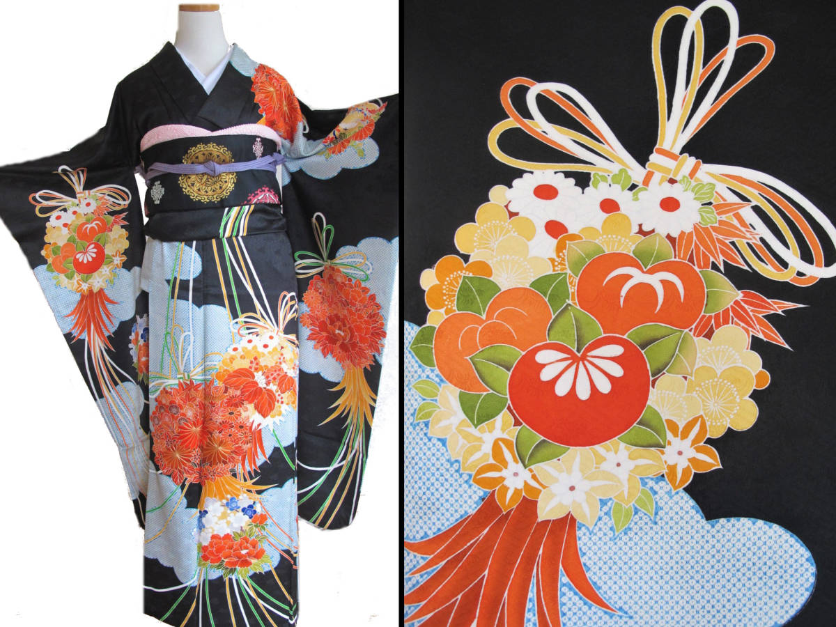 花薬玉に雲取り古典柄友禅黒地お振袖刺繍入り着物成人式結婚式| JChere