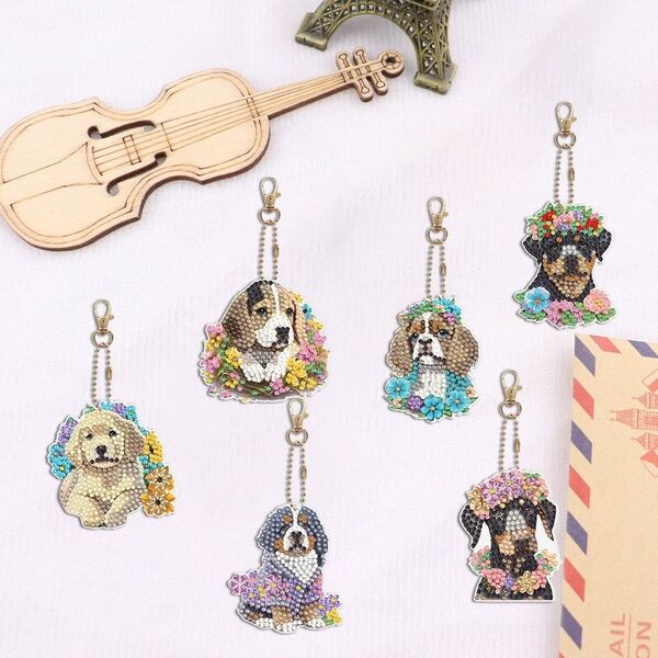 ダイアモンドアートキット 犬 6個セット ハンドメイド キラキラビーズ 可愛い キーホルダー かわいい DIY 手作り モザイク