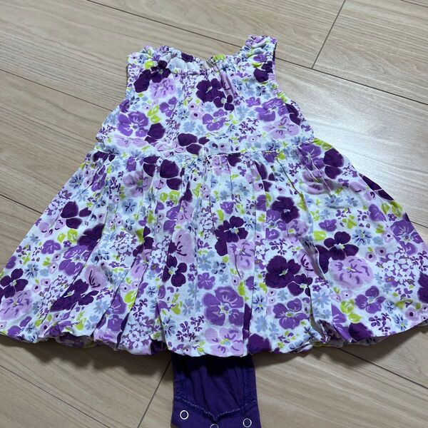プティマイン 70 ワンピースロンパースベビー服紫 花柄