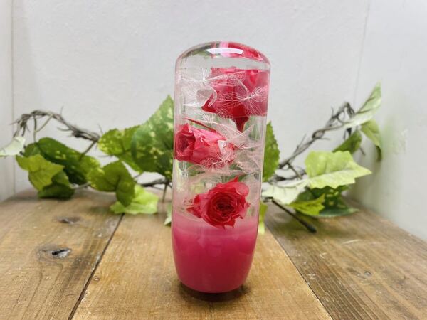 水中花シフトノブ 円柱M型 薔薇と紫陽花 ピンク