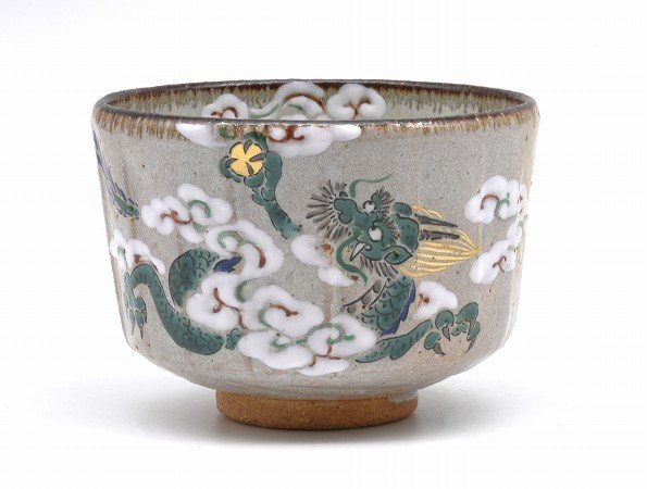 京焼 中村良二 灰釉 牡丹絵 茶碗 茶道具 共箱 共布 工芸品