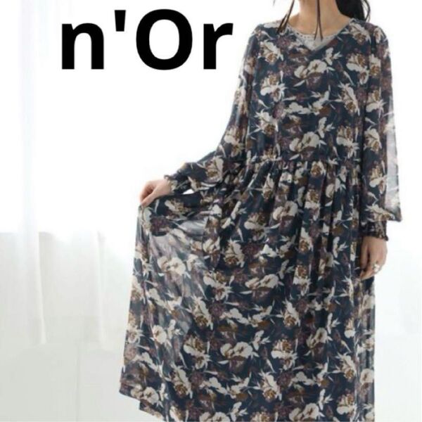 オシャレウォーカー★n'Or 花柄Vネックシフォンギャザーワンピース